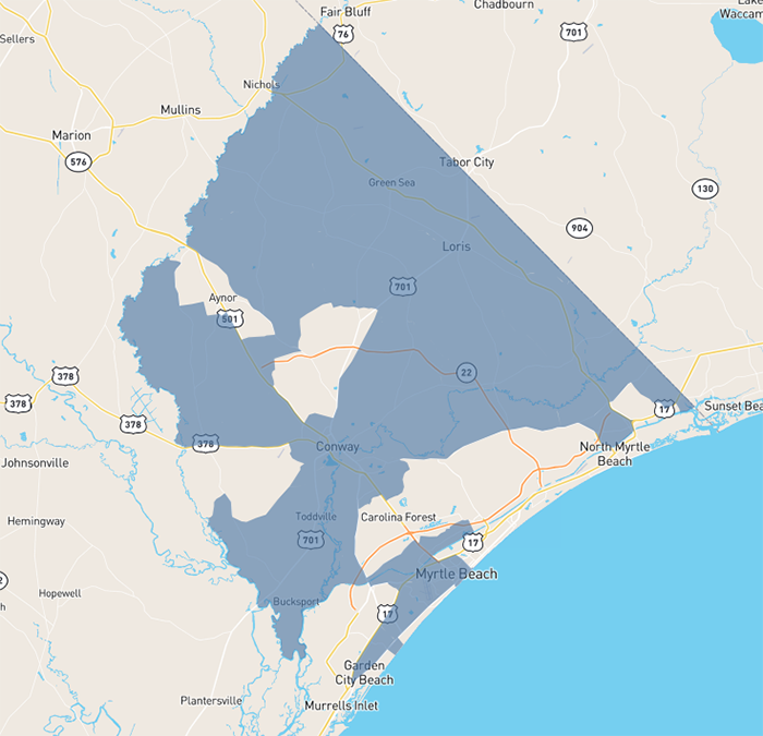 Map of Horry County, SC showing boundaries of service area