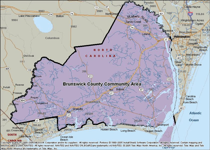 Map of Brunswick County showing boundaries of service area